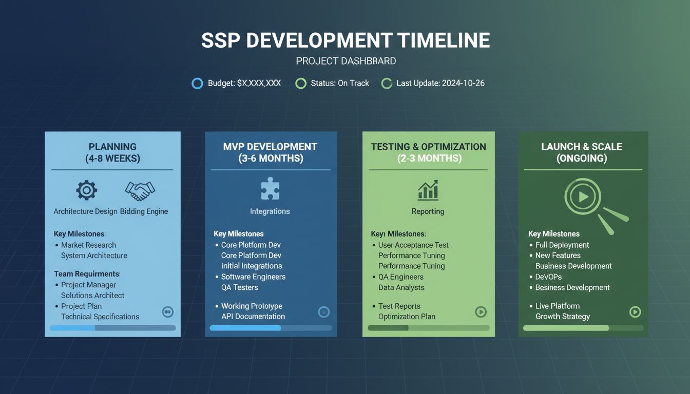 SSP Development Timeline showing planning, MVP development, testing, and launch phases