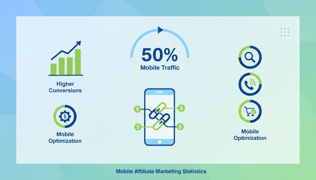 Mobile affiliate marketing statistics showing 50% traffic share and conversion metrics