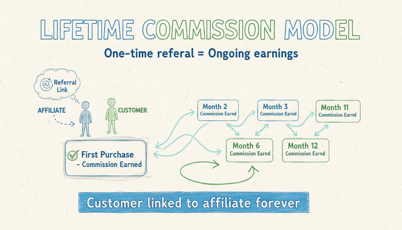 Lifetime Commission Flow Diagram - Affiliate earns commissions on initial purchase and all future customer purchases