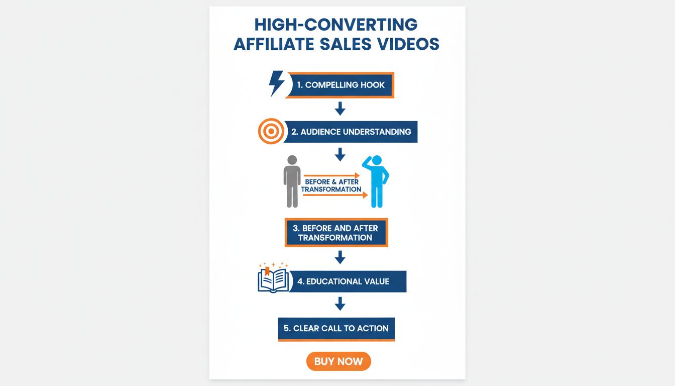 Key elements of high-converting affiliate sales videos including compelling hook, audience understanding, before and after transformation, educational value, and clear call to action
