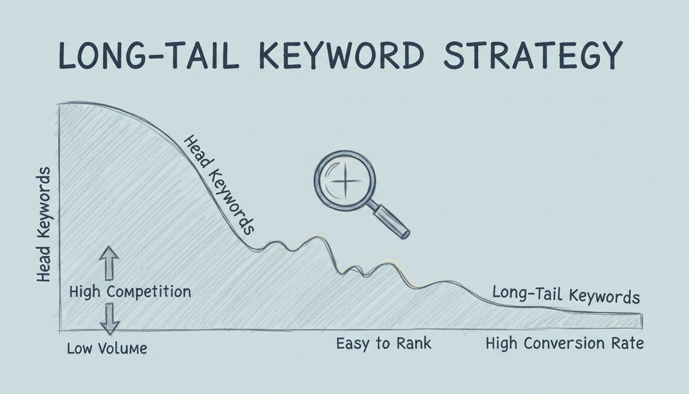 Long-tail keyword strategy diagram showing head keywords with high competition versus long-tail keywords with easy ranking potential