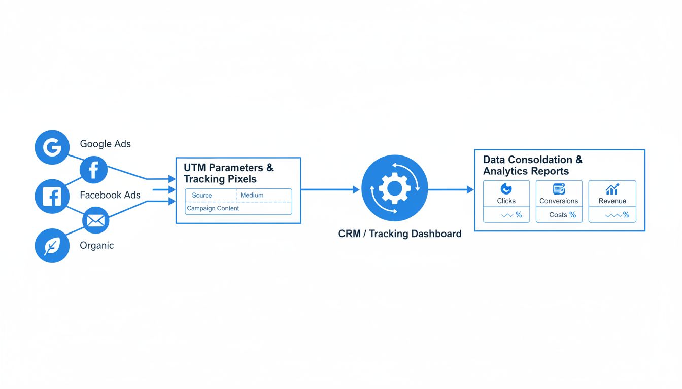Multi-channel traffic tracking system architecture showing data flow from multiple sources through UTM parameters into central tracking dashboard