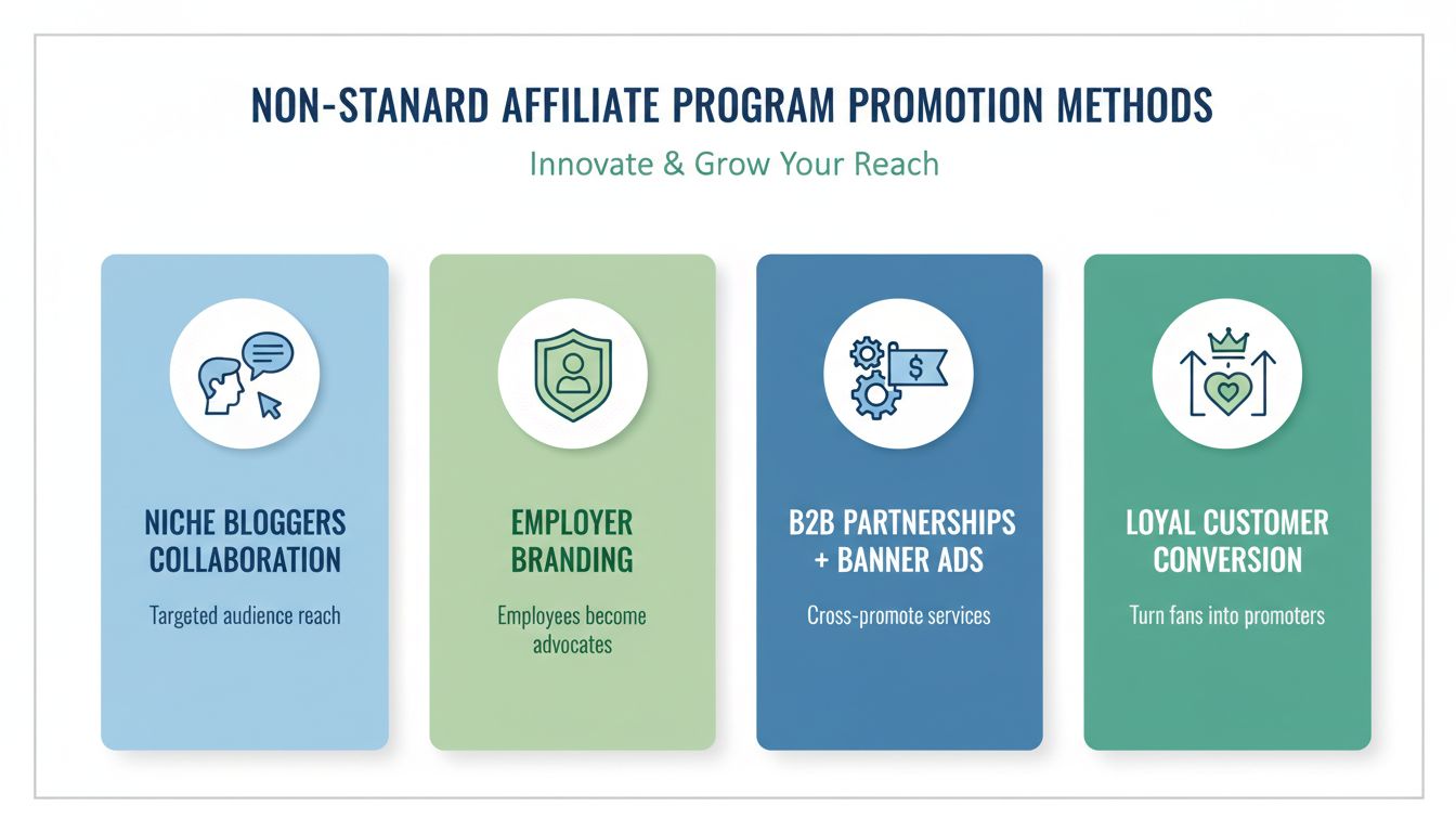 Non-standard affiliate program promotion methods including niche blogger partnerships, employer branding, B2B collaborations, and customer conversion strategies
