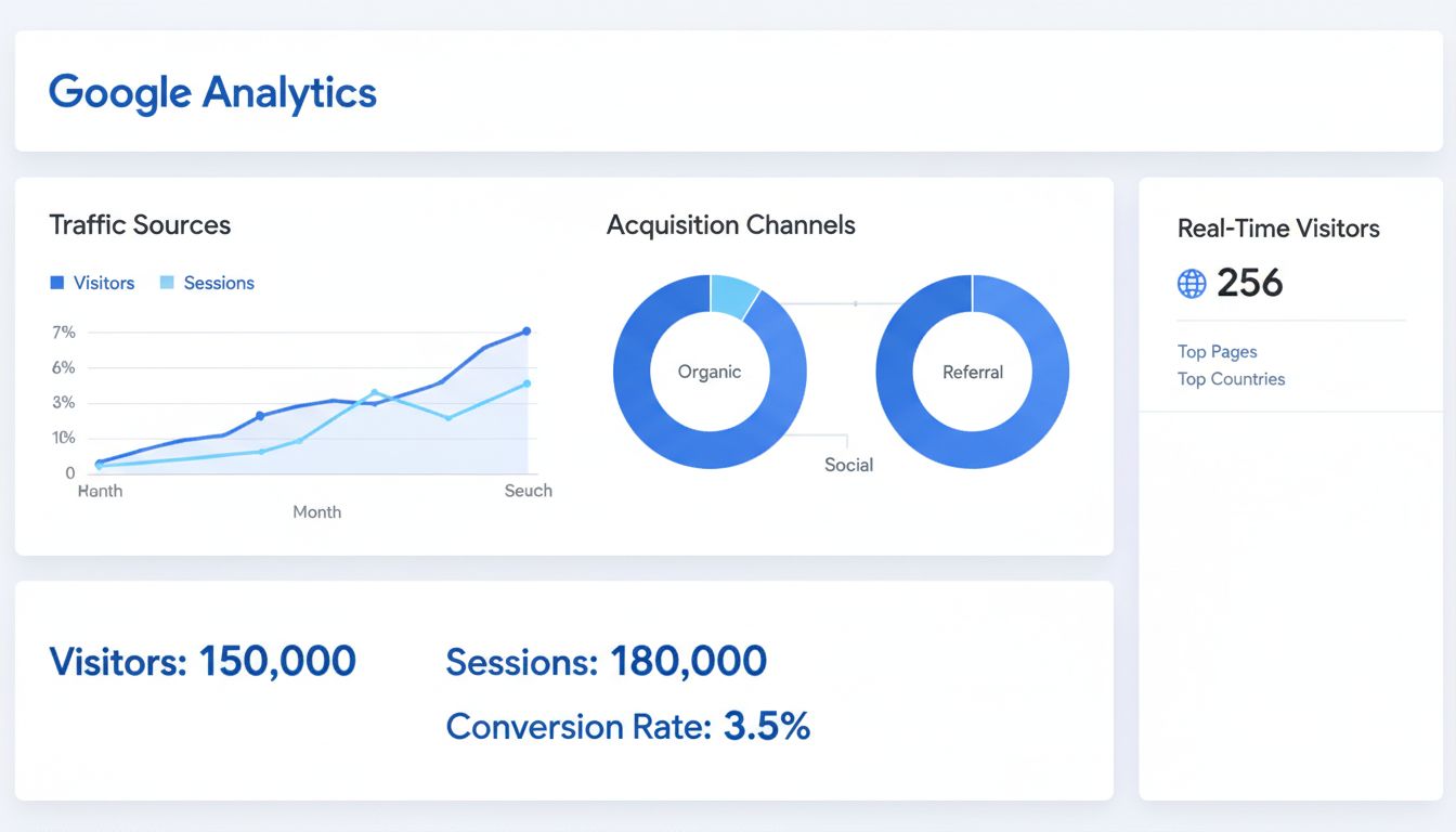 Google Analytics dashboard showing traffic metrics, visitor data, and acquisition channels