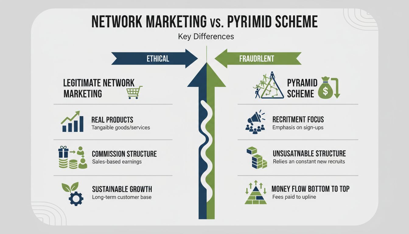 Comparison diagram showing differences between network marketing and pyramid schemes with visual hierarchy and professional infographic design