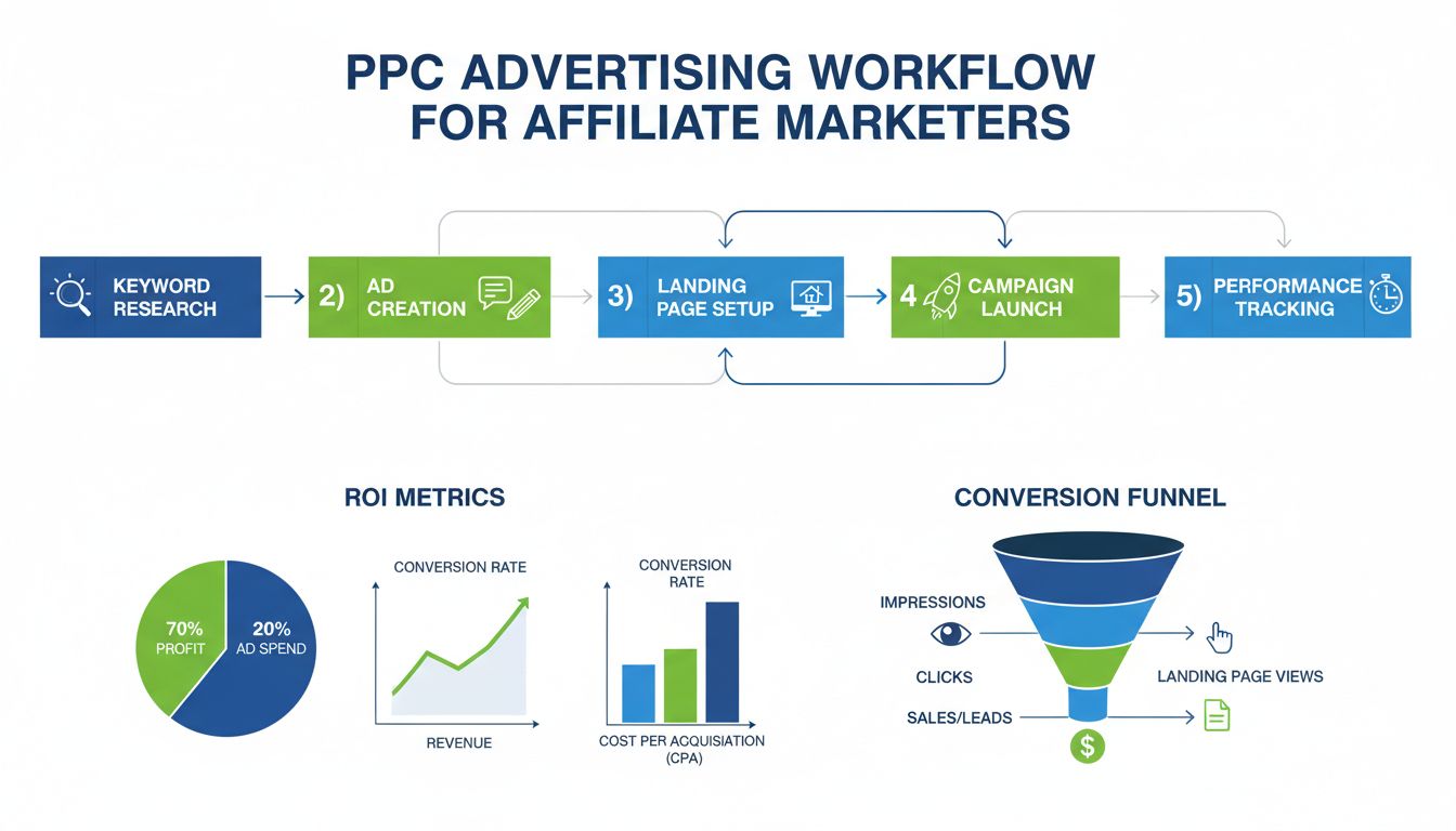 PPC advertising workflow for affiliate marketers showing keyword research, ad creation, landing page setup, campaign launch, and performance tracking
