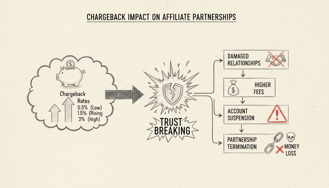 Hand-drawn diagram showing impact of high chargebacks on affiliate partnerships with increasing chargeback rates and consequences