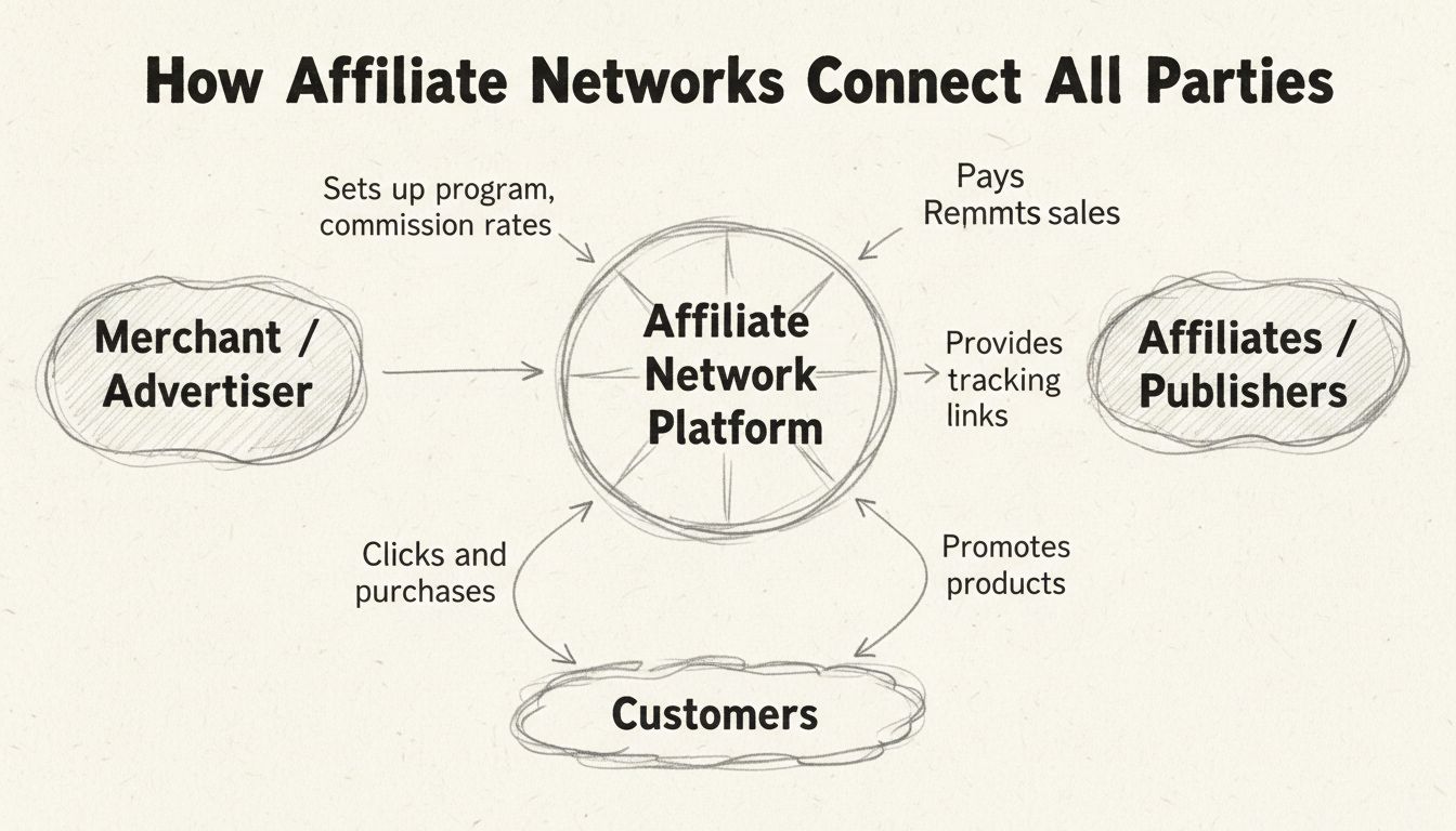 How Affiliate Networks Connect All Parties - Diagram showing merchant, network, affiliates, and customers