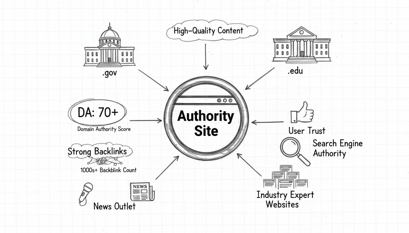 Hand-drawn diagram showing authority site components including high-quality content, strong backlinks, user trust, and search engine authority metrics
