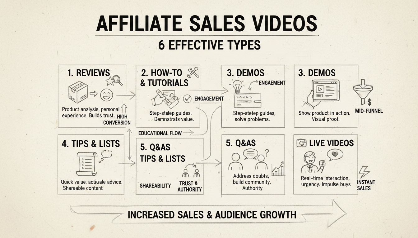 Six types of affiliate sales videos: Reviews, How-to & Tutorials, Demos, Tips, Q&As, and Live Videos