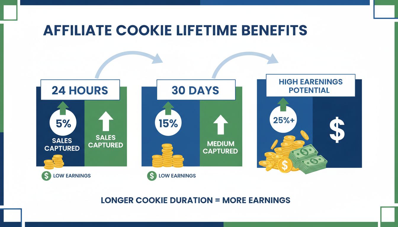 Cookie lifetime benefits comparison showing 24 hours, 30 days, and 90 days cookie durations with sales capture percentages and affiliate earning potential visualization