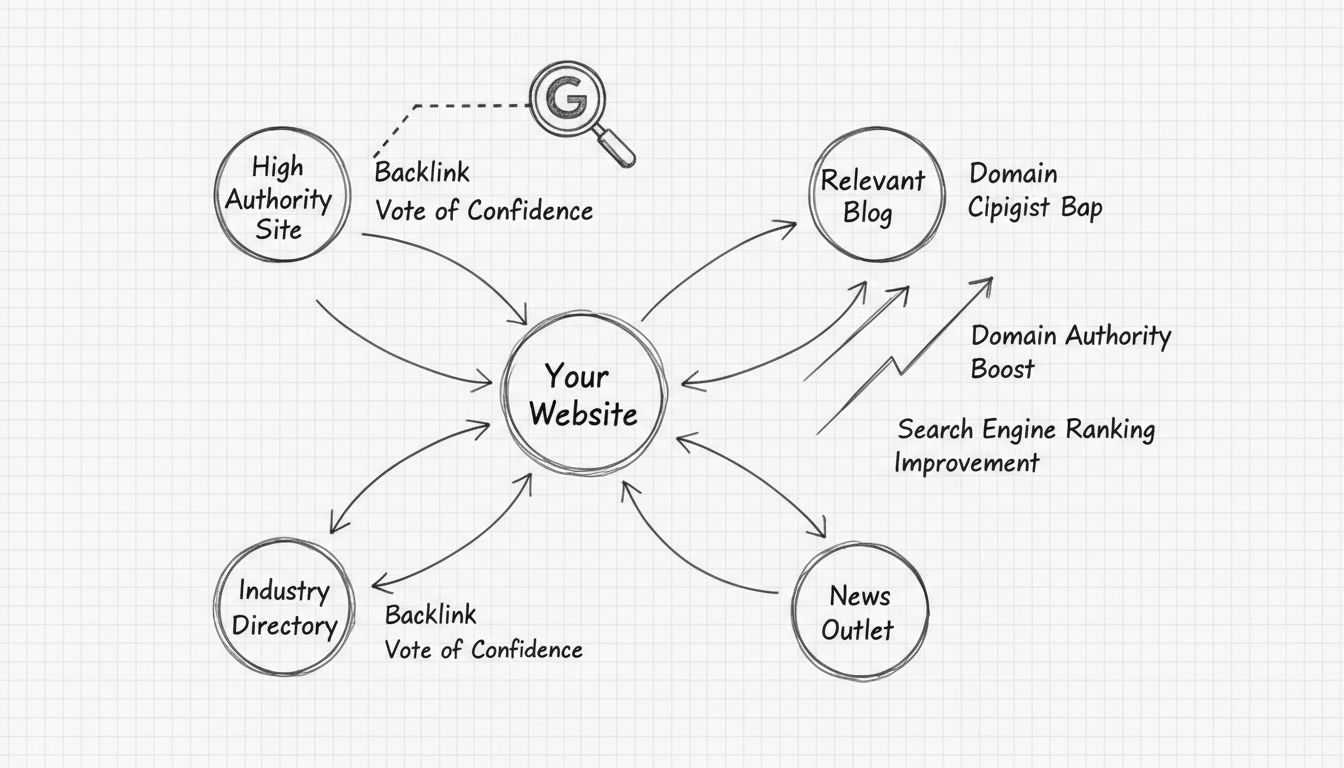 Hand-drawn diagram showing how backlinks work for SEO with multiple websites linking to a central website
