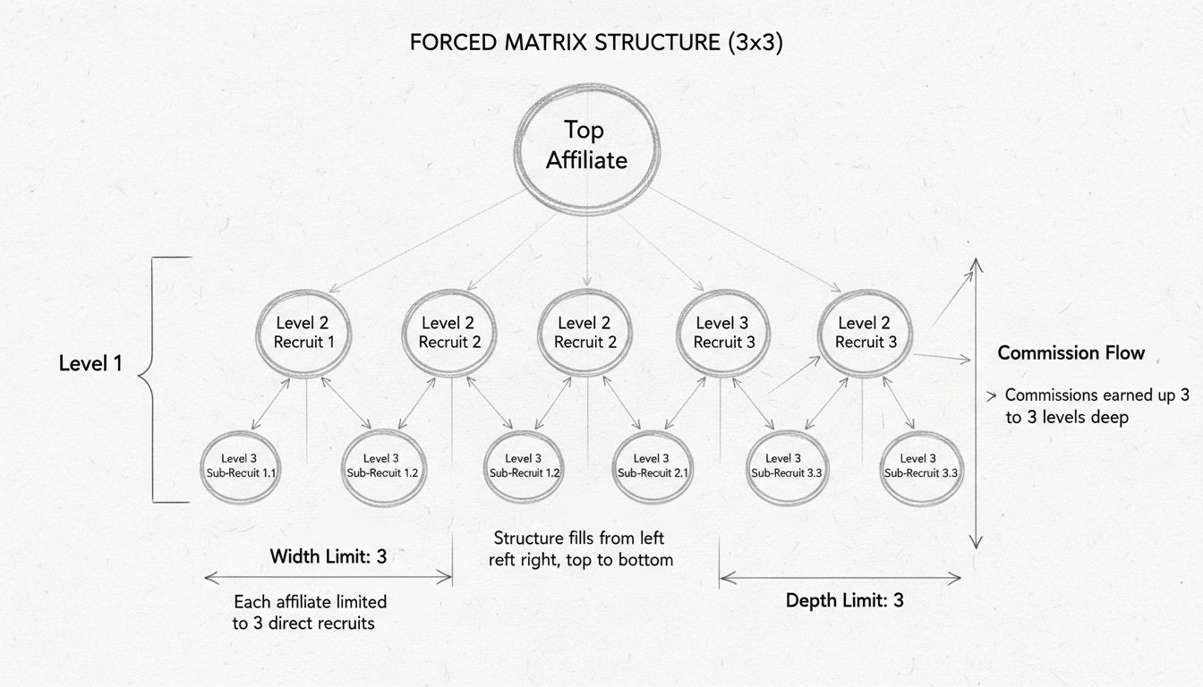 Forced Matrix 3x3 structure diagram showing width and depth limitations with commission flow