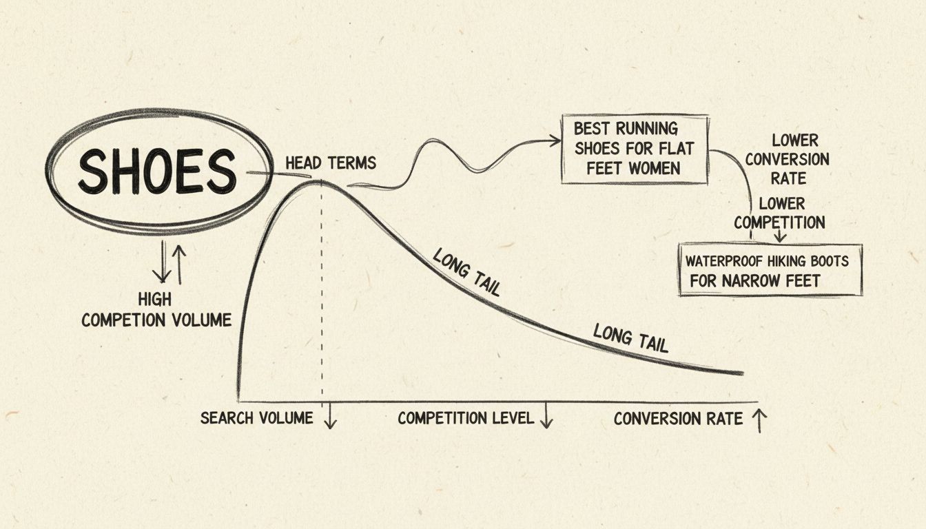 Long-tail keyword research diagram showing distribution curve with head terms and long tail, comparing broad keywords with high competition to specific long-tail keywords with lower competition and higher conversion rates