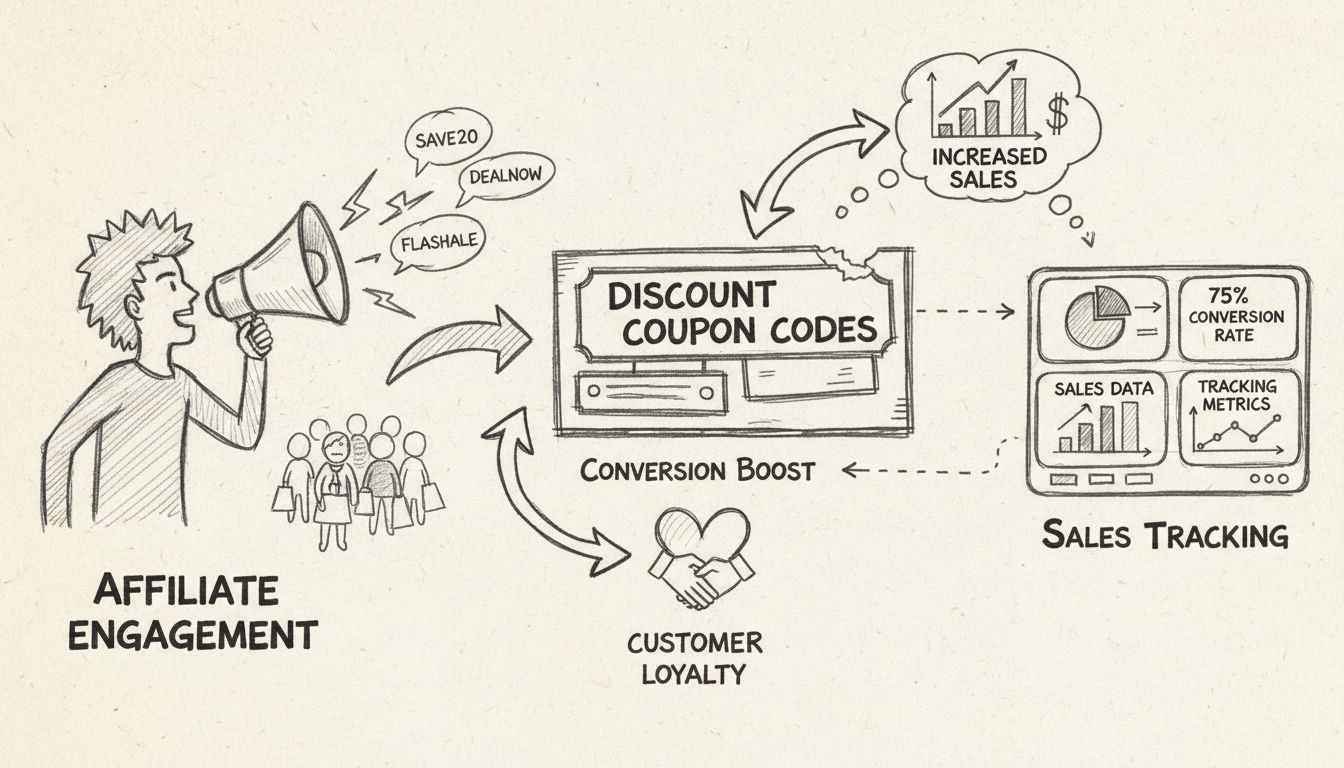 Hand-drawn diagram showing affiliate coupon benefits including engagement, conversion boost, sales tracking, and customer loyalty