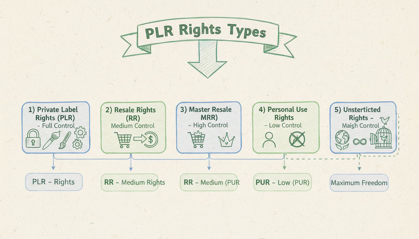 Diagram showing 5 types of PLR rights with their control levels and freedoms
