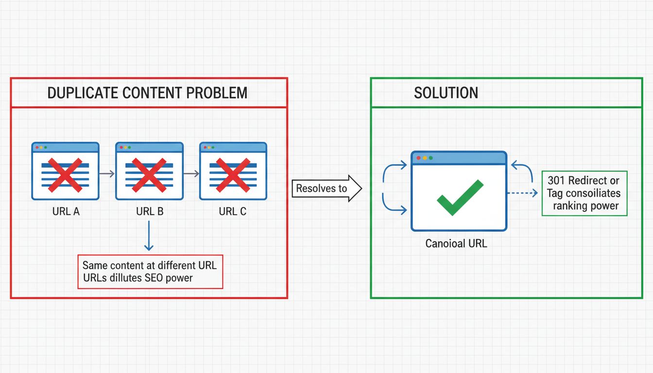 Duplicate content problem versus solution diagram showing multiple URLs with red X marks on left side and single canonical URL with green checkmark on right side