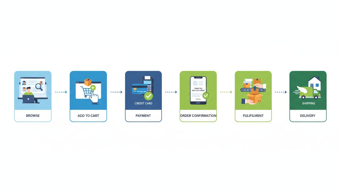 E-commerce workflow diagram showing customer browsing, shopping cart, payment processing, order confirmation, and delivery steps