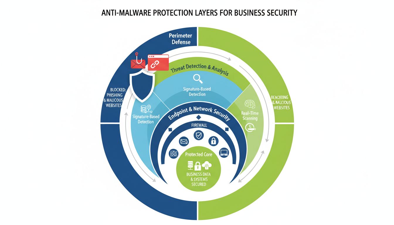 Anti-malware protection layers showing multiple security defenses including phishing blocking, signature detection, behavioral analysis, and endpoint protection