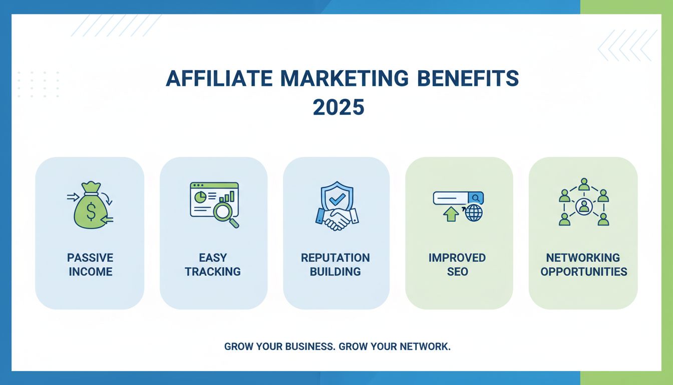 Key benefits of affiliate marketing including passive income, easy tracking, reputation building, improved SEO, and networking opportunities