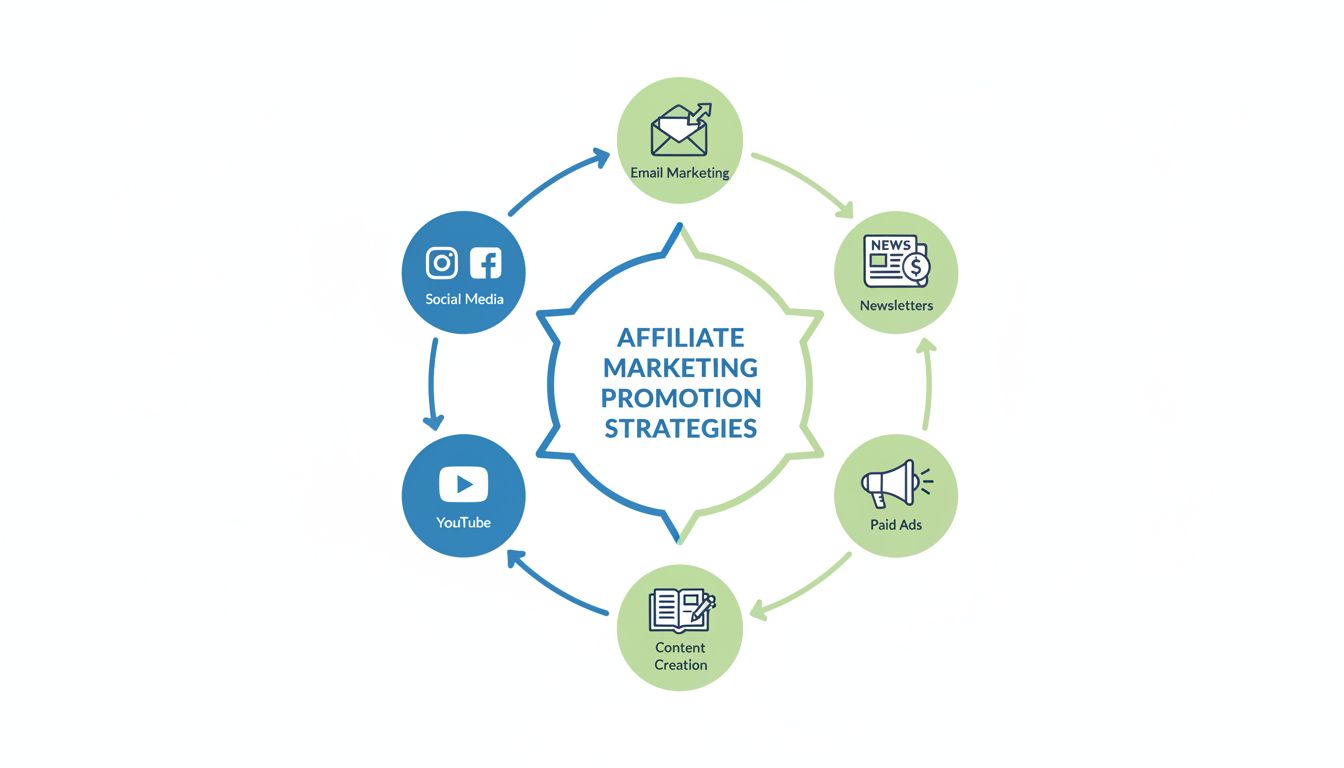 Affiliate marketing promotion channels including social media, email marketing, content creation, YouTube, paid ads, and newsletters