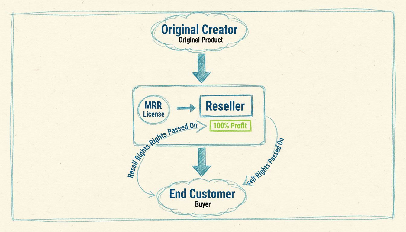 Master Resell Rights business model flow diagram showing how resell rights pass from original creator through resellers to end customers