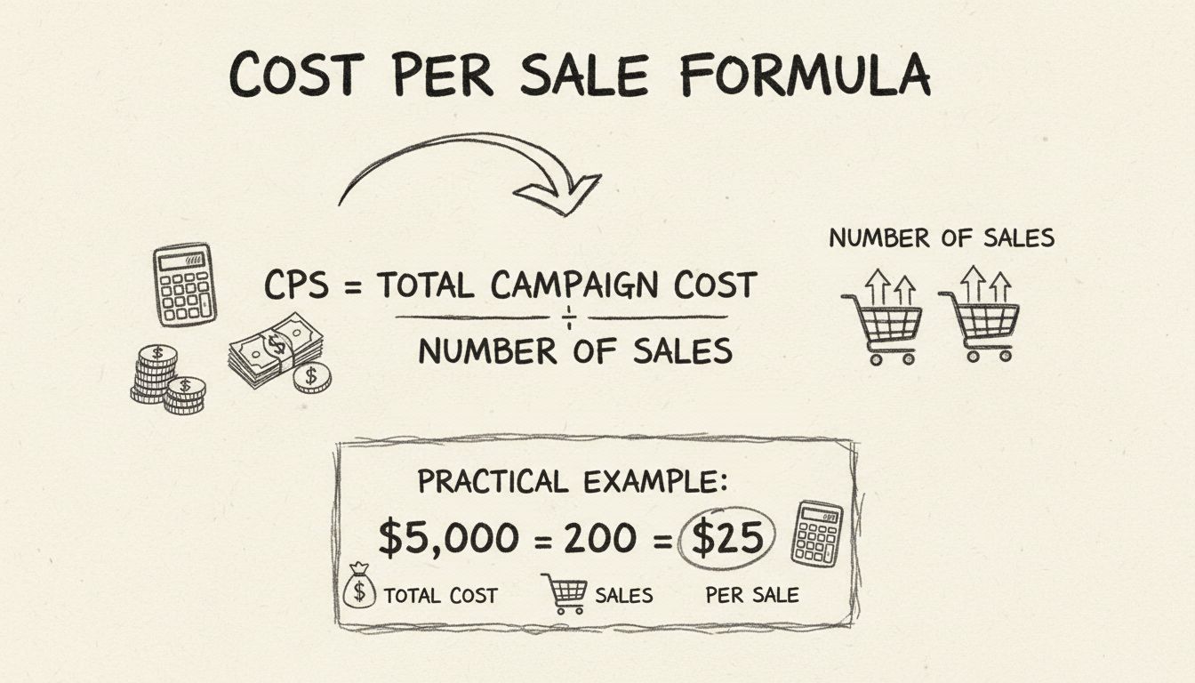 Cost Per Sale calculation formula diagram showing CPS equals total campaign cost divided by number of sales with example calculation
