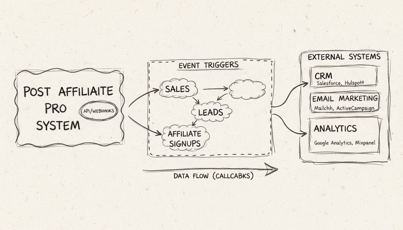Application Callbacks workflow diagram showing Post Affiliate Pro events flowing to external systems