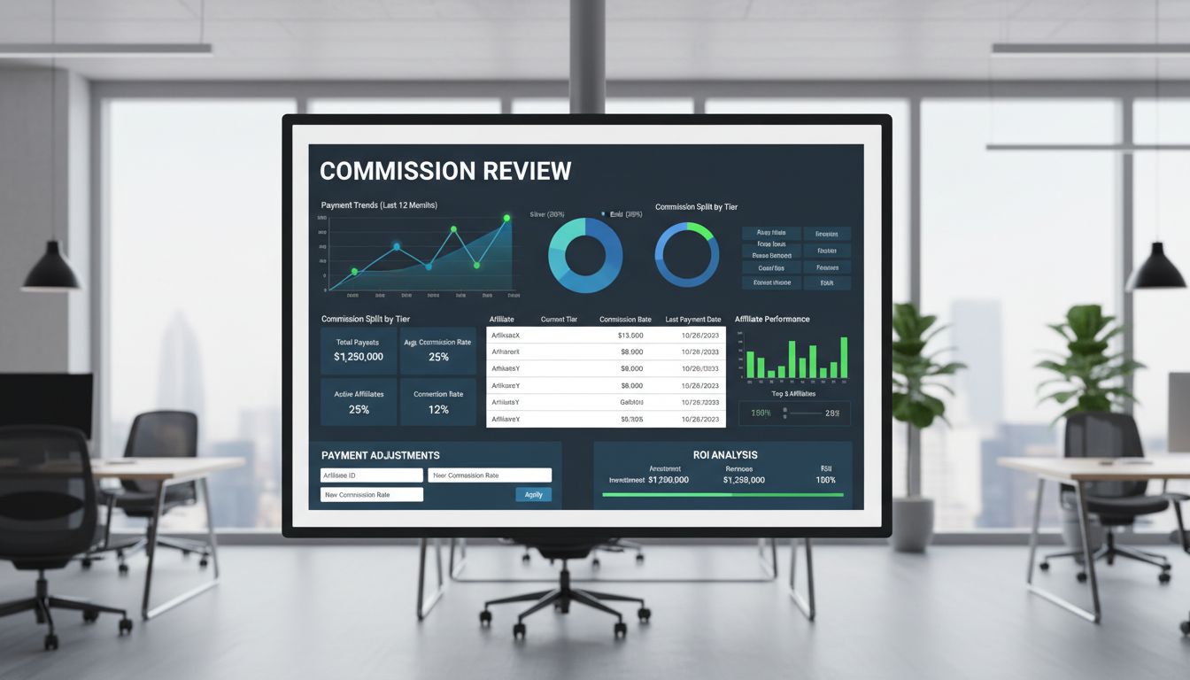 Professional affiliate payment dashboard showing commission metrics, ROI analysis, and payment adjustment strategies