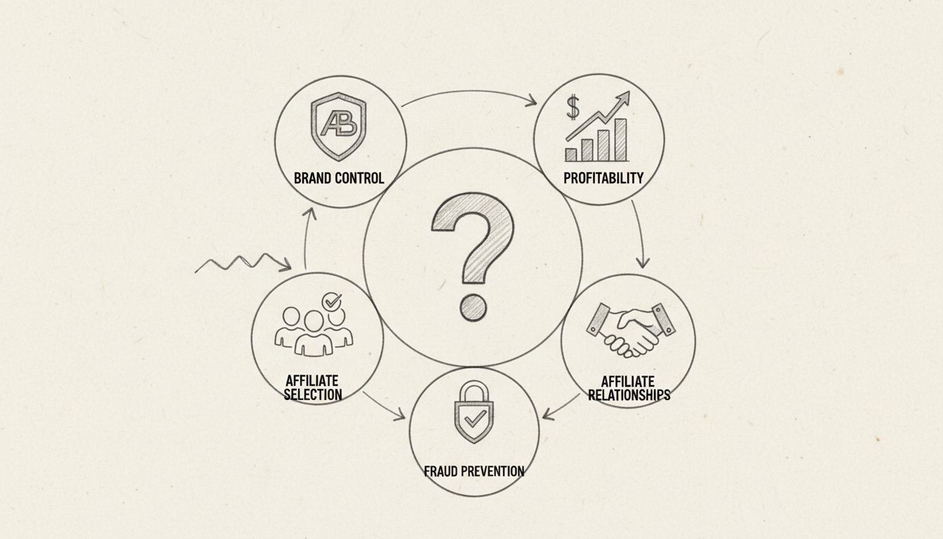 Infographic showing five main challenges of affiliate programs: Brand Control, Affiliate Selection, Profitability, Affiliate Relationships, and Fraud Prevention