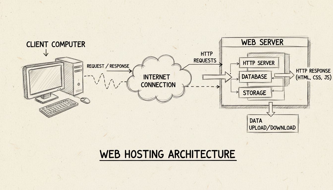 Web hosting architecture diagram showing client computer, internet connection, and web server with storage and database components