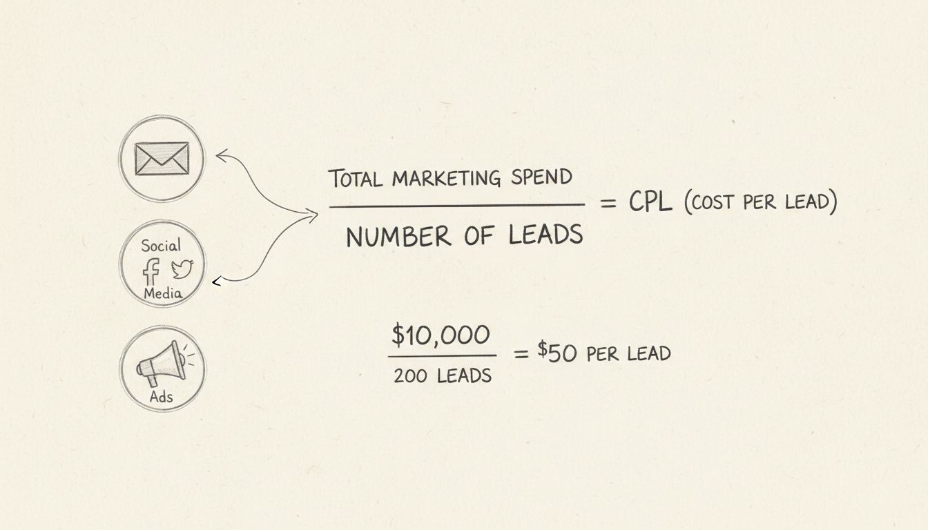 Cost per lead calculation formula diagram showing total marketing spend divided by number of leads