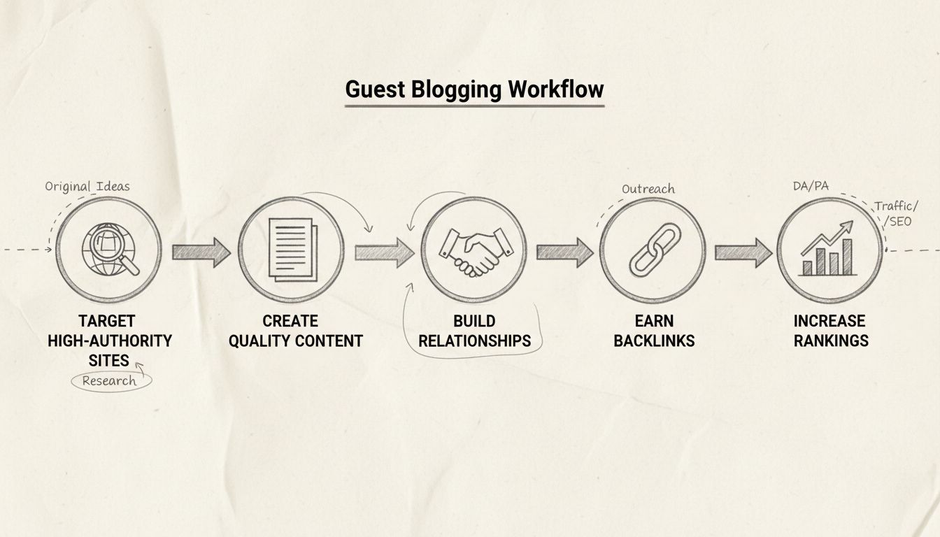 Guest blogging strategy workflow showing five steps: Target High-Authority Sites, Create Quality Content, Build Relationships, Earn Backlinks, and Increase Rankings with connecting arrows