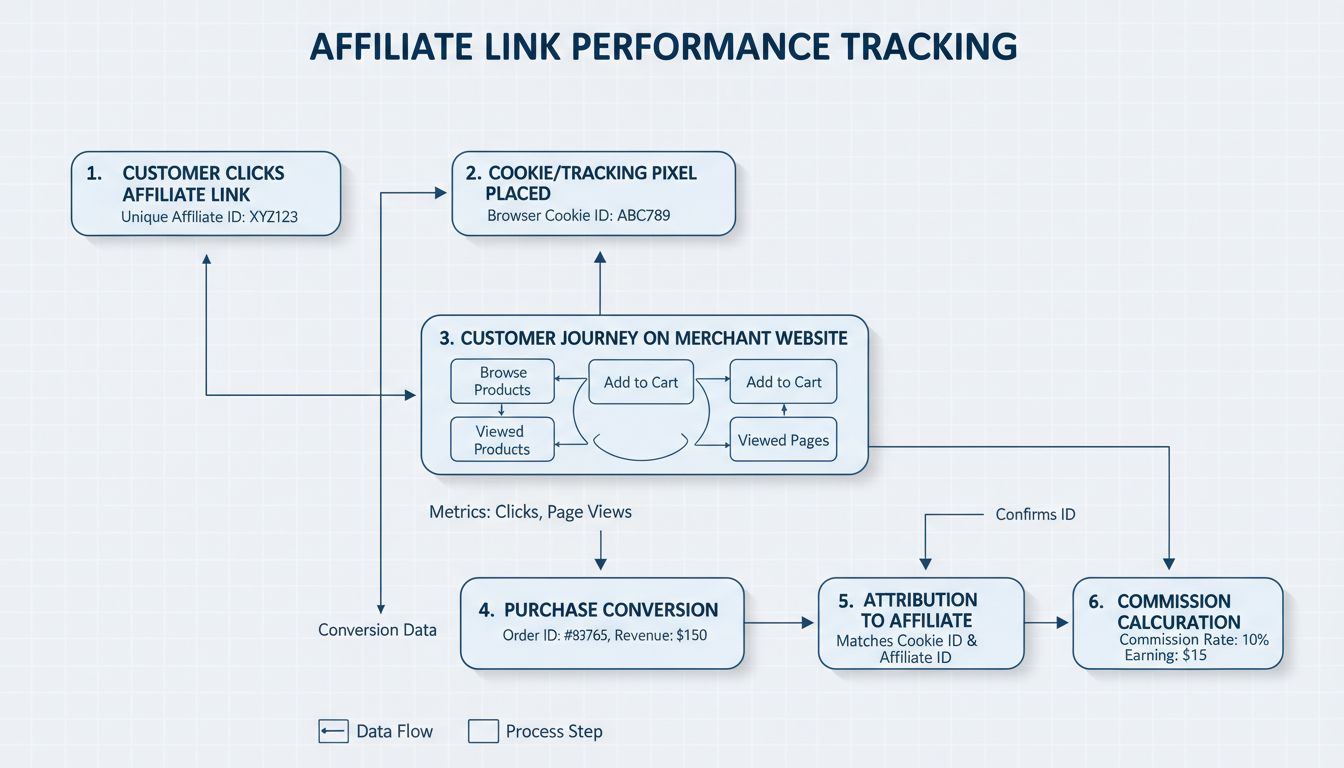 Affiliate link tracking flow diagram showing customer journey from click to commission