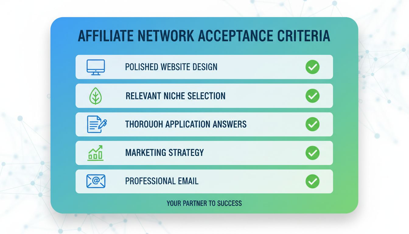 Affiliate network acceptance criteria checklist showing website polish, niche selection, application quality, marketing strategy, and professional communication