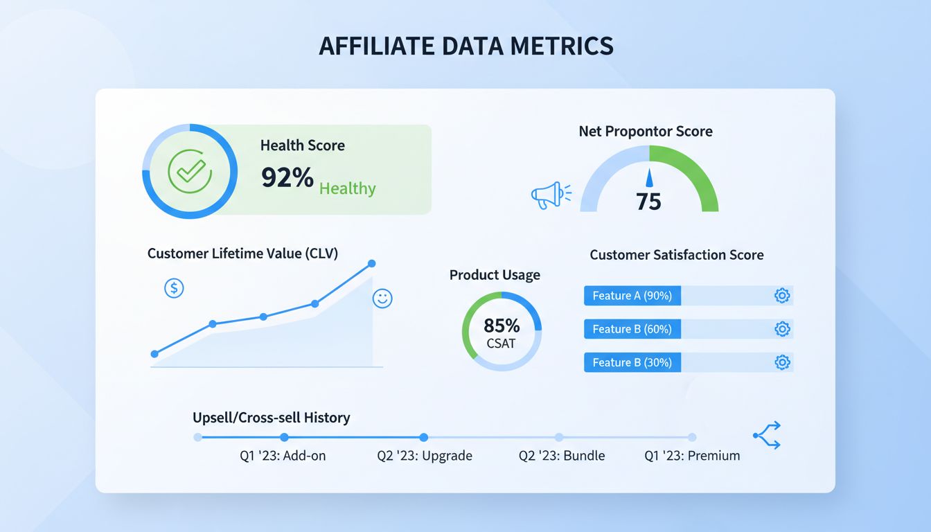 Customer data metrics dashboard for affiliate campaigns showing Health Score, CLV, NPS, CSAT, product usage, and upsell history