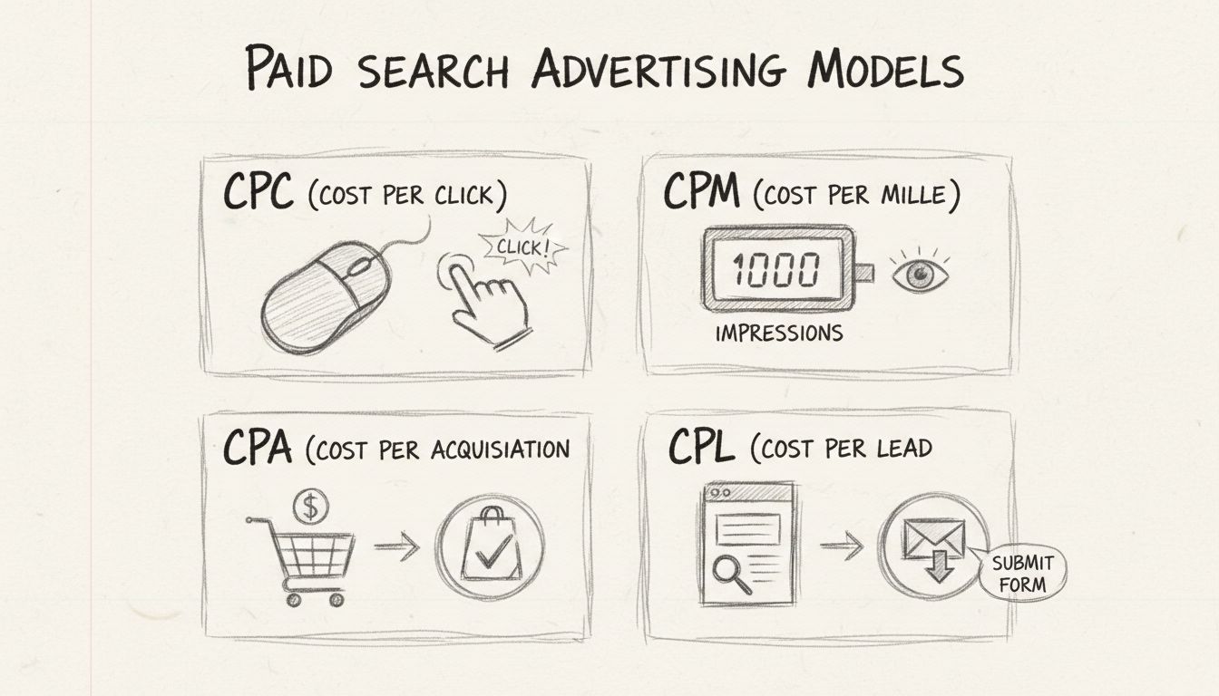 Hand-drawn diagram showing four types of paid search advertising models: CPC, CPM, CPA, and CPL with icons and labels