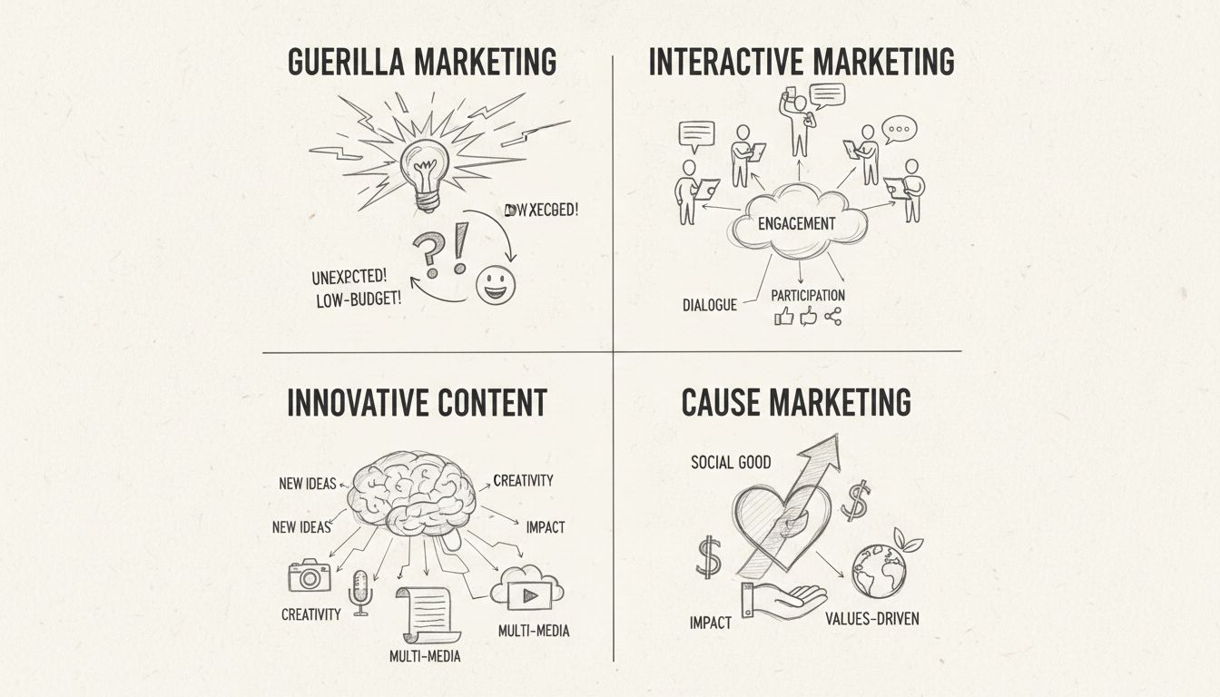 Four main types of creative marketing strategies diagram showing Guerrilla Marketing, Interactive Marketing, Innovative Content, and Cause Marketing