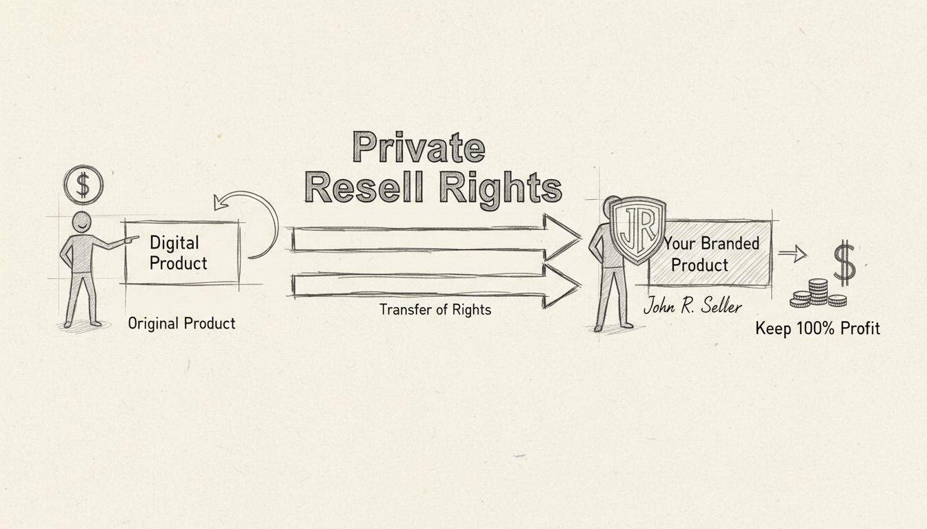 Hand-drawn diagram showing private resell rights process: purchasing a digital product, transferring rights, rebranding with your name, and keeping 100% profit