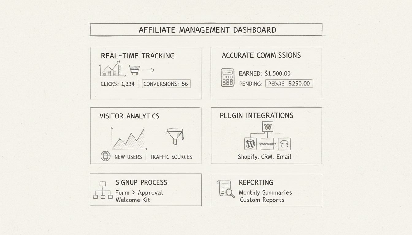 Affiliate management dashboard showing tracking metrics, commission calculations, visitor analytics, and plugin integrations