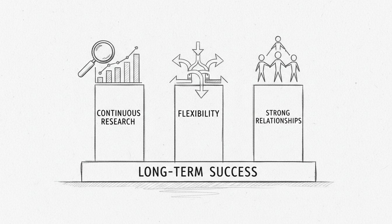 Three pillars of affiliate marketing success: Continuous Research, Flexibility, and Strong Relationships supporting Long-term Success