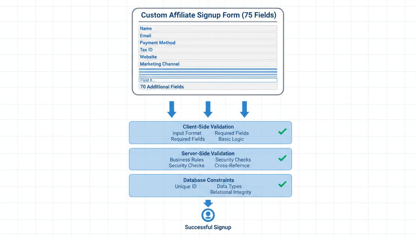 Custom affiliate signup fields architecture with 75 fields and multi-layer validation