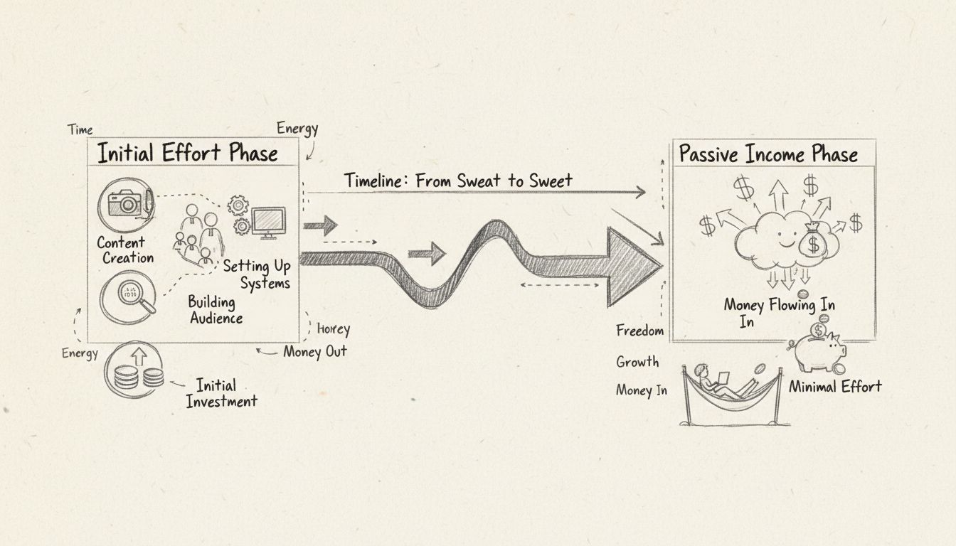 Hand-drawn diagram showing passive income journey from initial effort phase to passive income phase