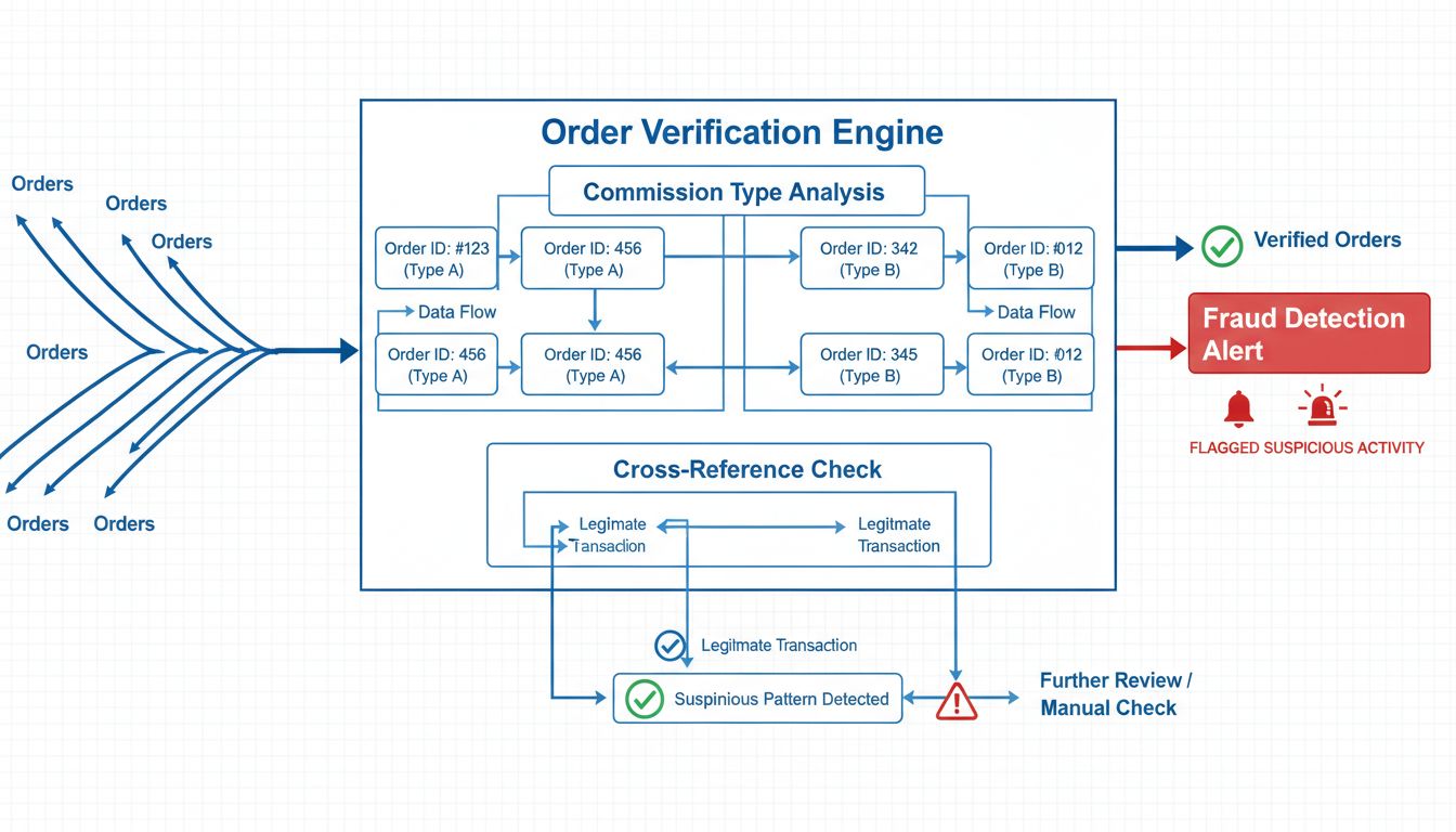 Fraud protection cross-verification system flowchart showing order verification engine with commission type analysis and fraud detection alerts