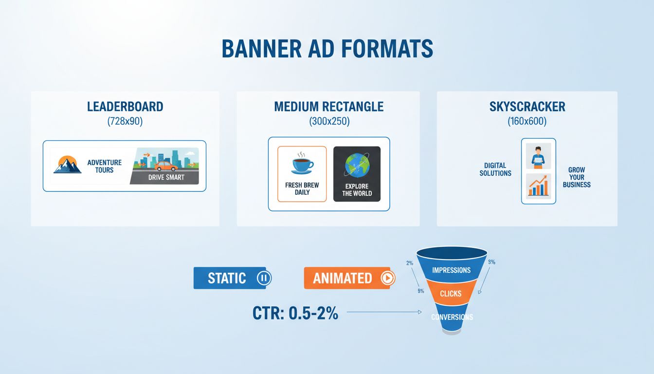Banner advertising types and formats including leaderboard, medium rectangle, and skyscraper ad sizes with static and animated examples