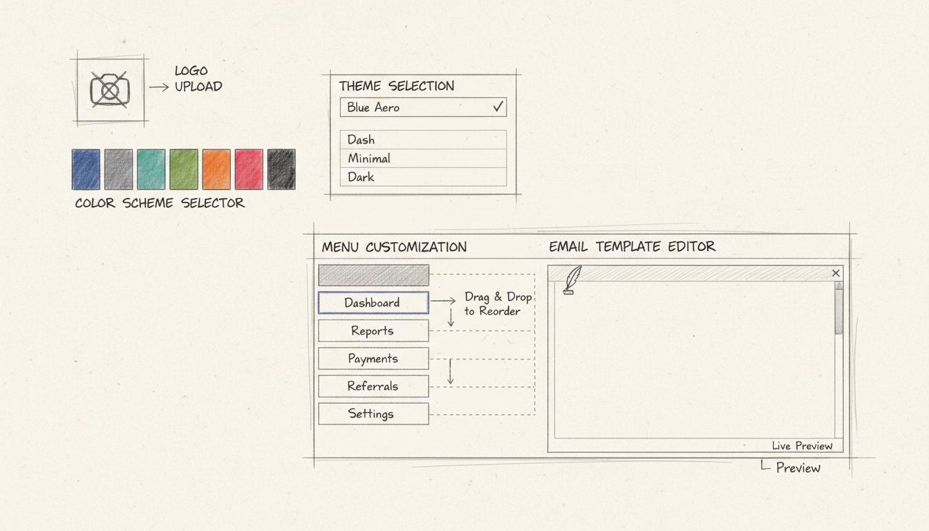 Hand-drawn diagram showing affiliate platform customization options including logo upload, color scheme selector, theme selection, menu customization, and email template editor