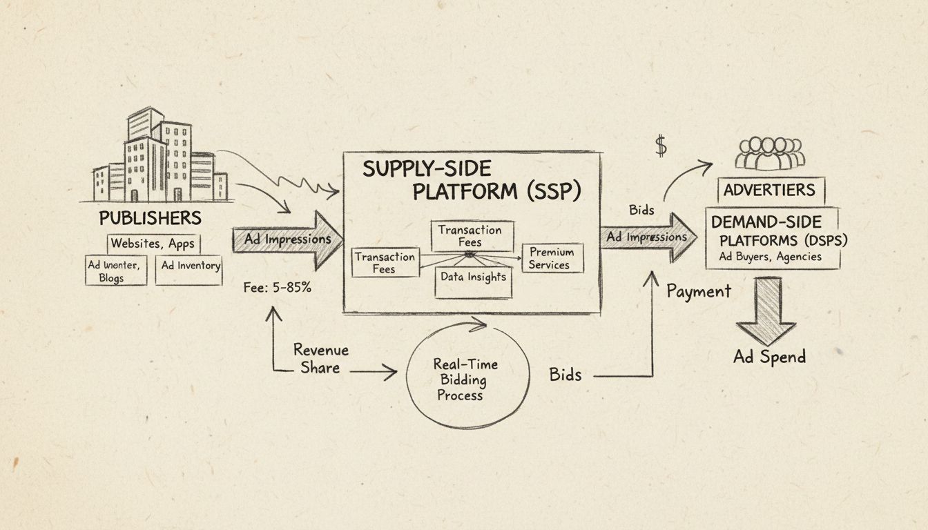 Hand-drawn diagram showing SSP revenue flow between publishers, SSP platform, and advertisers with percentage fees