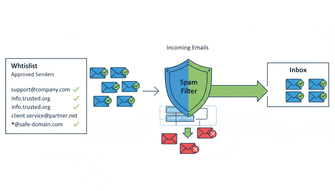 Email whitelist security concept diagram showing approved senders, spam filter bypass, and trusted inbox delivery