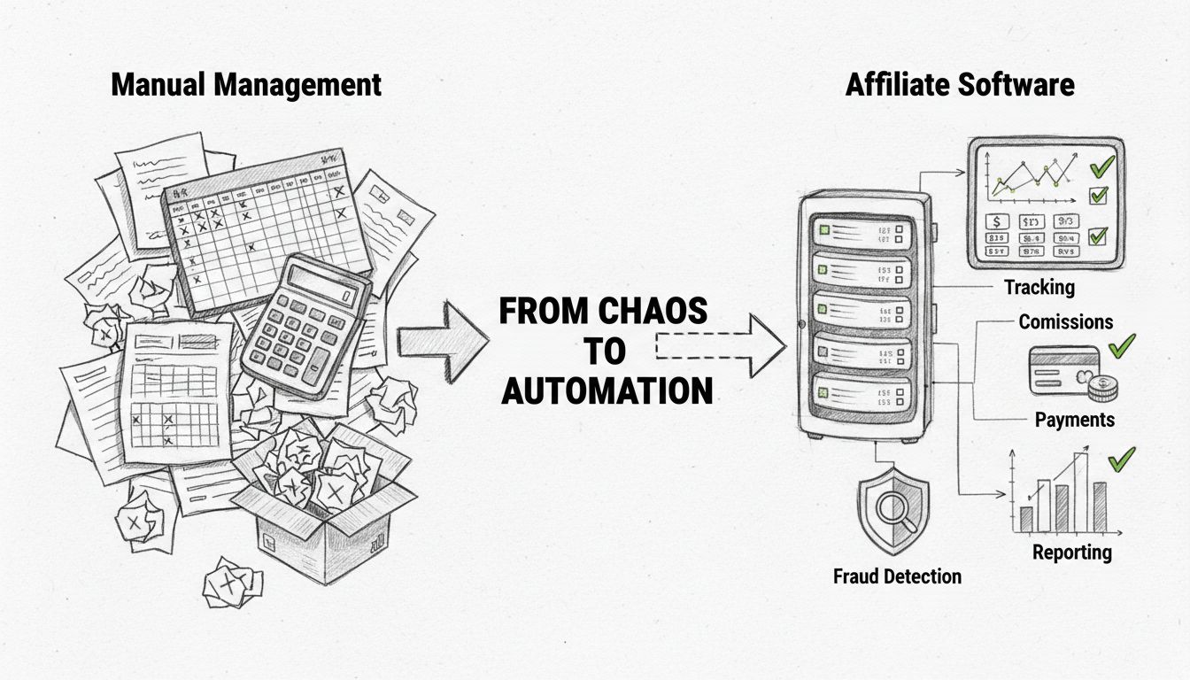 Comparison diagram showing manual affiliate management with spreadsheets and errors versus automated affiliate software with tracking, commissions, fraud detection, and payments