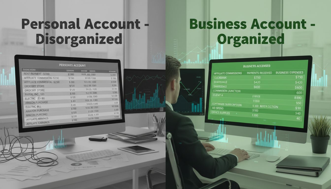 Split screen comparison of disorganized personal account versus organized business account for affiliate programs